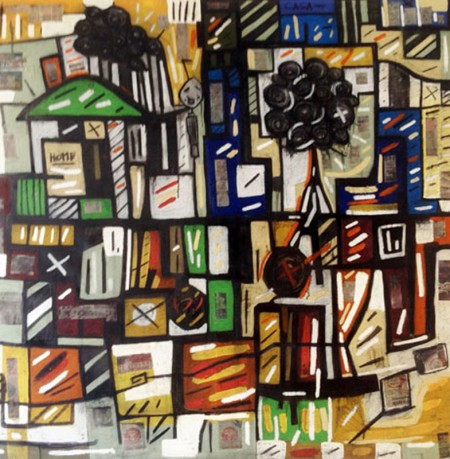 Igomenico T/M , acrilico e collage su tela cm 150x150