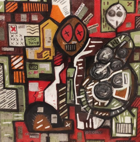 Igomenico T/M, acrilico e collage su tela cm 100x100