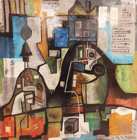 Igomenico T/M , acrilico e collage su tela cm 110x110